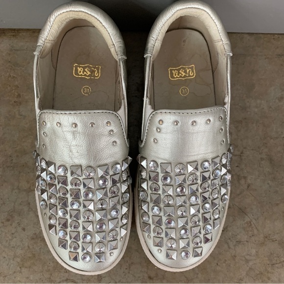 Ash Lynn Clodi Silver Studded Slip-On Leather Platform Shoes Size 31/13 - Picture 1 of 10